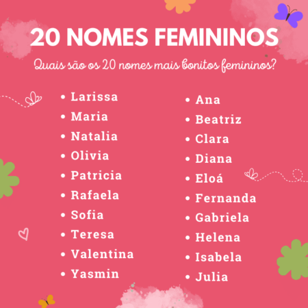 Quais são os 20 nomes mais bonitos femininos?